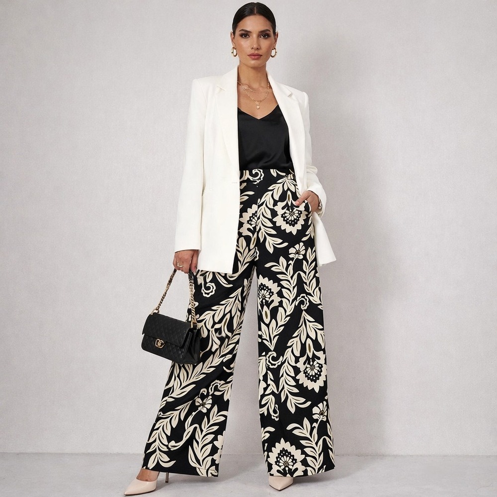 New Christian Siriano Wide Leg High Waisted Trouser Black Cream Olive Green Boho - Picture 2 of 14